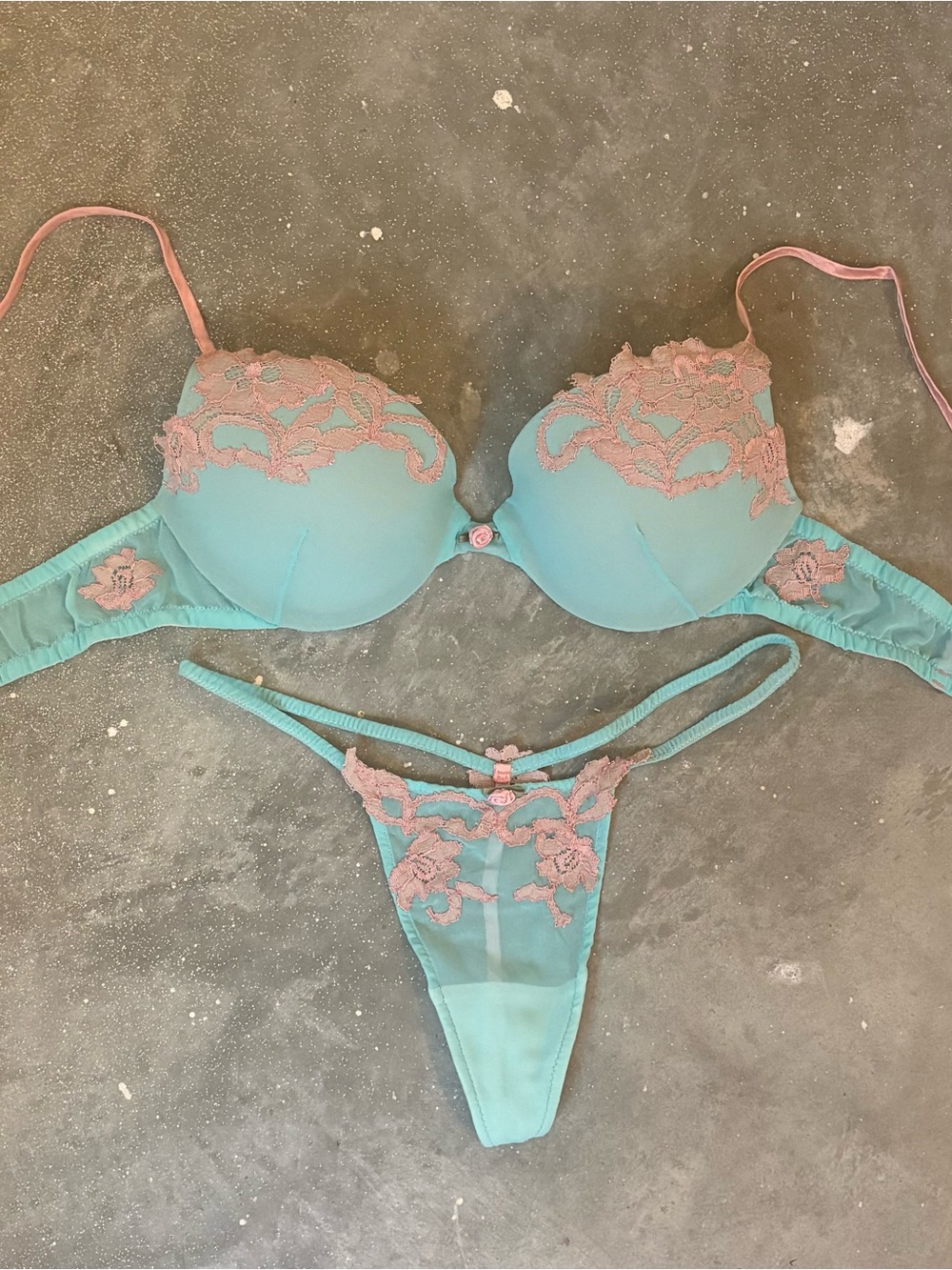 Vintage hand stitched Aqua Bra and Pink Lace Trim Lingerie Set